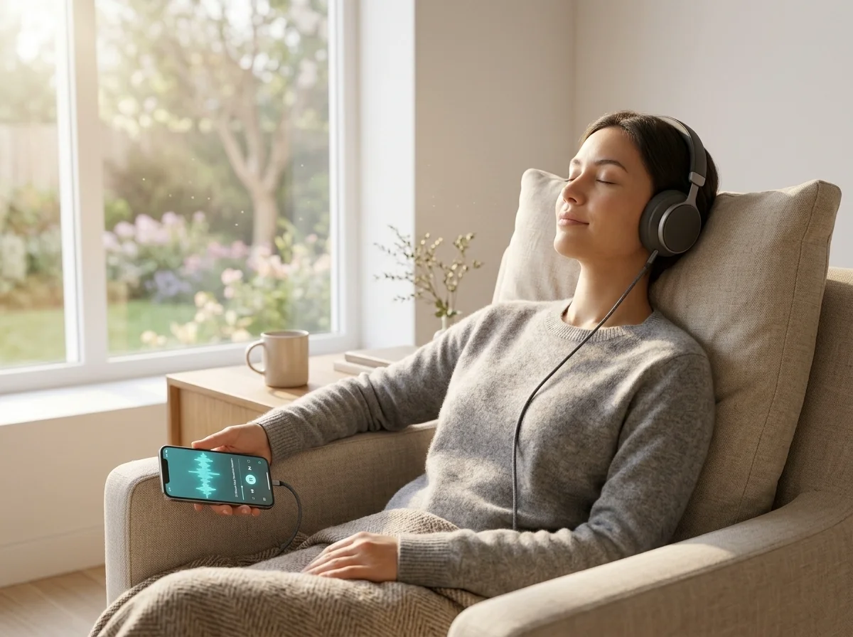 Person wearing headphones in a peaceful home setting enjoying 12-minute daily audio routine