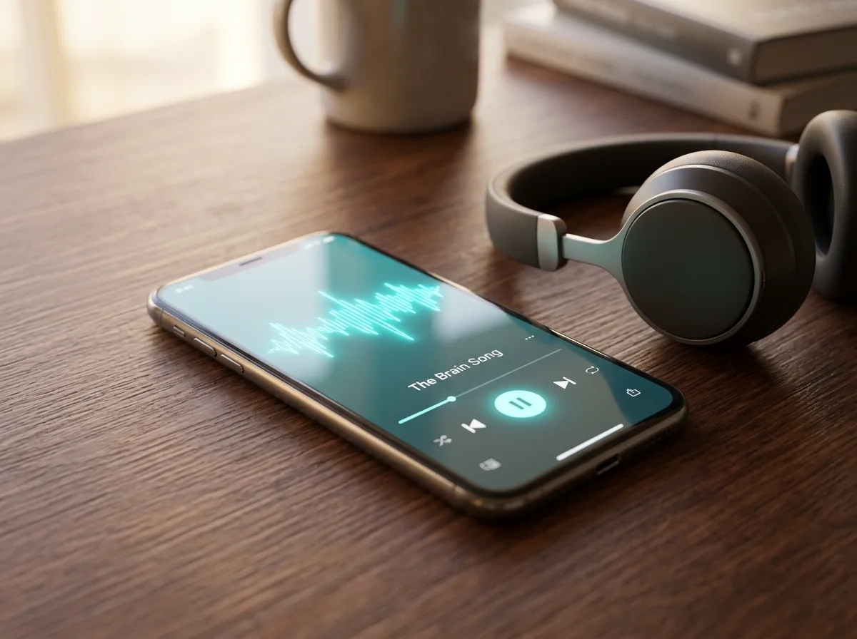 Smartphone resting on a wooden desk displaying digital audio player controls for The Brain Song with headphones