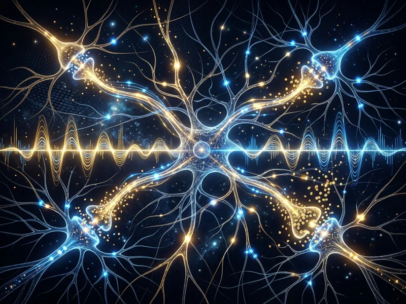 Diagram showing synaptic neural connections and brainwave sound frequency patterns